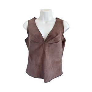 Rozae Nichols Sleeveless Suede Leather V Neck Tank Top Brown Size S
